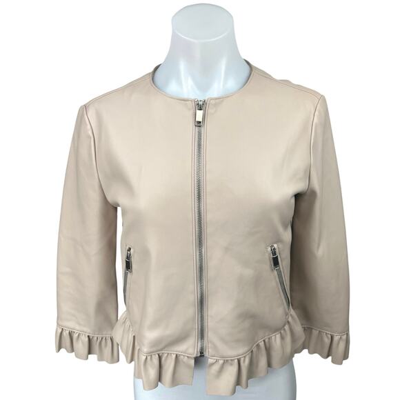 Zara Basic Beige Faux Leather Vegan Full Zip Ruffle Cropped Blazer Jacket Sz M - Picture 1 of 4